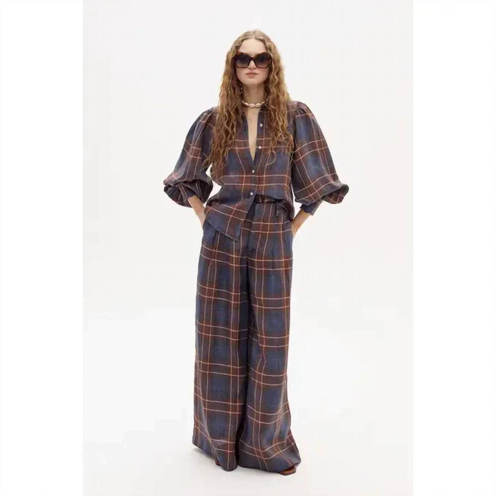 NEW LANHTROPY super culotte linen pant in forest checks